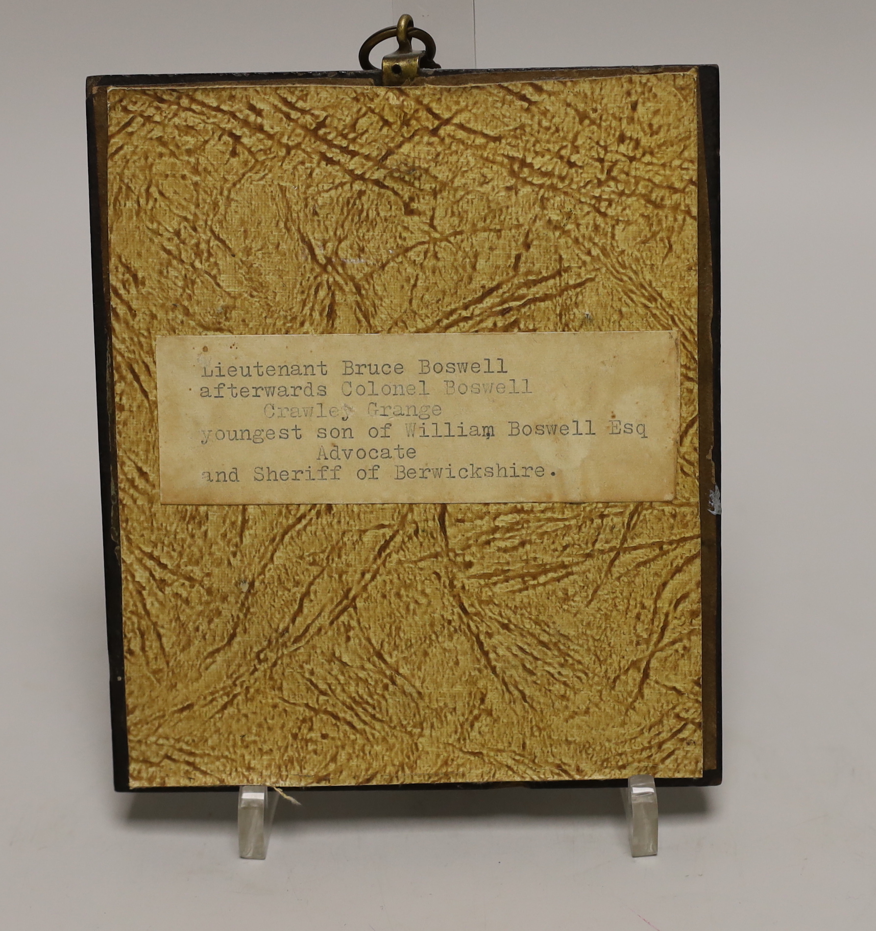 A 19th century framed miniature of Lieutenant Bruce Boswell, watercolour on paper, 8.5 x 6.5cm